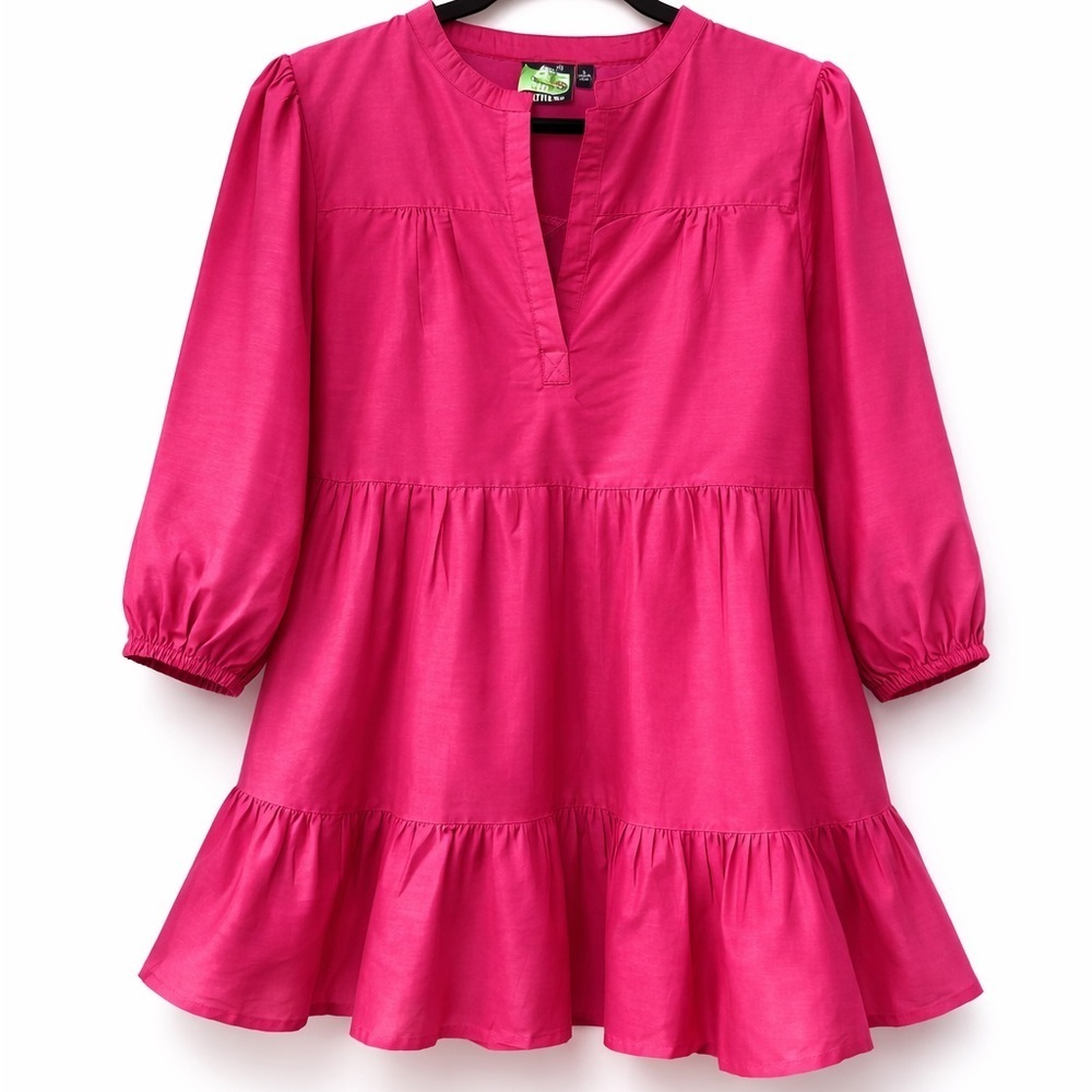 Madison Mathews Silk Dress Size L Pink Tiered Ruffle Boho Mini Shift Womens